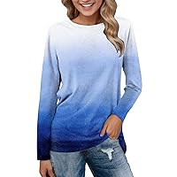 T Shirts for Women Graphic Tee Vintage Women Daily Tops Long Sleeve Comfortable Gradient Print Blouse Tops Cas