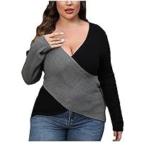 Womens Contrast Cross Wrap Lightweight Sweaters V Neck Long Sleeve Fashion Knit Pullover Casual Color Block Jumpers