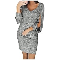 Holiday Dresses for Women, Pub Holiday Dress for Ladies A-Line Nice Long Sleeve Pleated Cocktail Soft Solid