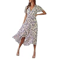 Women's Summer Casual Boho Dress Floral Print Ruffle Puff Sleeve V Neck High Waist Maxi Beach Dresses