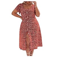 SOLY HUX Women's Plus Size Floral Button Down Split Dress Scoop Neck Short Sleeve Casual Beach Midi Dress