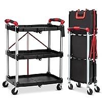 Portable Folding Service Cart,PioneerWorks 3 Tier Collapsible Push Cart,56 lbs Load Capacity/Shelf.Lockable Wheels,Ideal Rolling Tool Storage Organizer for Garage,Workshop & Industrial Use.