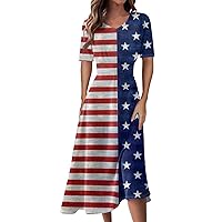 V-Neck Dress Womens Summer Independence Day Print Short Sleeve Casual Waist Dress Fashion Loose Swing Long Dress