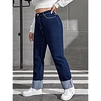 Women's Plus Size Denim Pants Plus High Waist Roll Up Hem Straight Leg Jeans Fashion Beauty Lovely Unique (Color : Dark Wash, Size : 0XL)