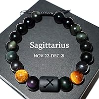 Mother's and Father's Day Gifts,Rainbow Black Obsidian Mens and Womens Bracelet,10mm Natural Tigers Eye Hematite Bracelet, Zodiac Energy Healing Crystal Bracelet Good Luck Gifts (Sagittarius gifts)