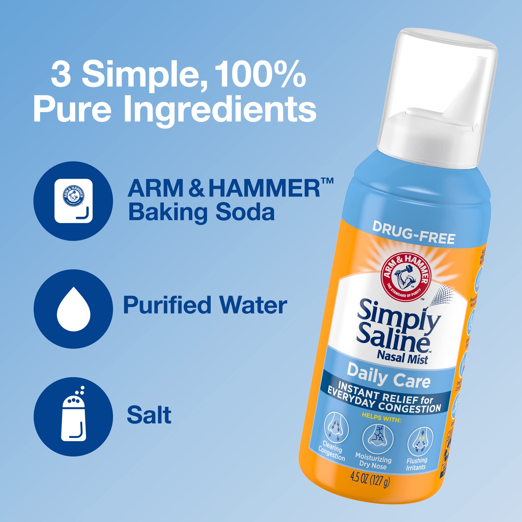 ARM & HAMMER Simply Saline Nasal Care Daily Mist 4.5oz – Instant Relief for Every Day Congestion – One 4.5oz Bottle