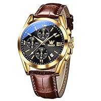 OLEVS Men's Casual Leather Watch, Big Face Chronograph Watch for Men, Fashion Easy to Read Dress Watch, Men's Waterproof Luminous Date Analog Watch, Gold/Black/White/Blue Dial