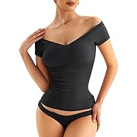 Women Off The Shoulder V Neck Seamless Top with Built in Bra Ribbed Short Sleeve Fitted Shirts Summer Tops 2024