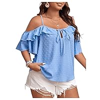 SOLY HUX Women's Plus Size Cold Shoulder Blouse Ruffle Trim Tie Front Shirts Casual Swiss Dots Tops