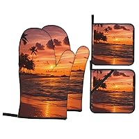 Coconut Beach Sunset Hammockprint Oven Gloves & Hot Pads Combo for BBQ, Cooking, Chef, Wedding & Restaurants, Spring/Summer