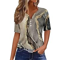 Casual V Neck Button Down Women Tops Short Sleeve T Shirt 2024 Trendy Going Out Printed Summer Blouse