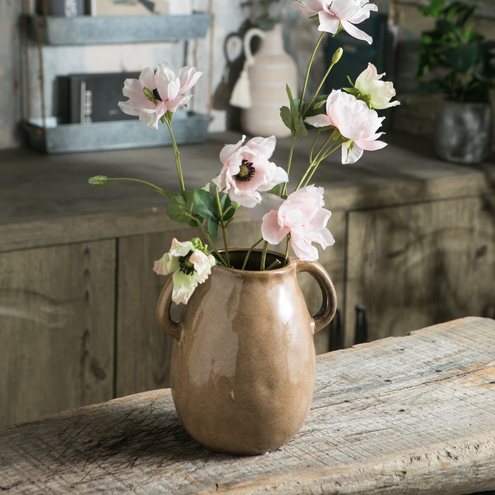 Tanvecle Brown Ceramic Vase with 2 Handles, Modern Farmhouse Vase for Home Decor, Rustic Terracotta Vase, Decorative Pottery Flower Vase, Clay Small Vase, Centerpieces for Dining Table - 7 Inch Tall