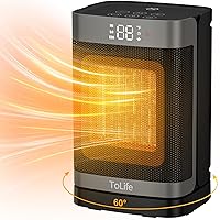 Space Heater Indoor with Thermostat, 10 inch PTC Electric Heater, 60°Oscillating, 4 Modes, 12h Timer, 1500W Portable Heater for Indoor Use, Grey
