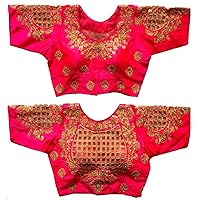 Silk Blouse Embroidery Handwork Short Sleeveless Readymade for Women (Pink)