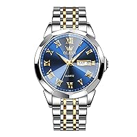 OLEVS Mens Watch Stainless Steel Business Dress Quartz Watch Waterproof Two Tone Fashion Men's Wrist Watch Water Resistant Date Luminous Blue Watch for Men,blue tone 9990