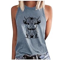 Warehouse Sale Clearance Animal Farm Tank Top for Women Cute Highland Cow Graphic Sleeveless Tshirts 2024 Fashion Summer Crewneck Shirts Robe Chemisier Longue Gray