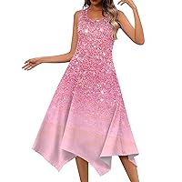 Petite Dresses for Women 2024 Casual Round Neck Sleeveless Floral Print Irregular Hem Midi Dress