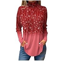 Women Plus Size Fall Tops Christmas Printed Long Sleeve Shirt Warm High Neck Winter Fashion Blouses Holiday Tees
