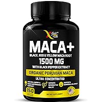 Organic Maca Root Powder Capsules 1500mg: 150 Vegan Pills with Black + Red + Yellow Peruvian Maca Root Extract Gelatinized, Energy & Mood Supplement for Men & Women + Black Pepper for Best Benefits
