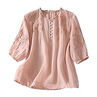 Womens Cotton Linen Tops Floral Embroidered Puff 3/4 Sleeve Button V Neck Shirts Casual Loose Fit Babydoll Blouses