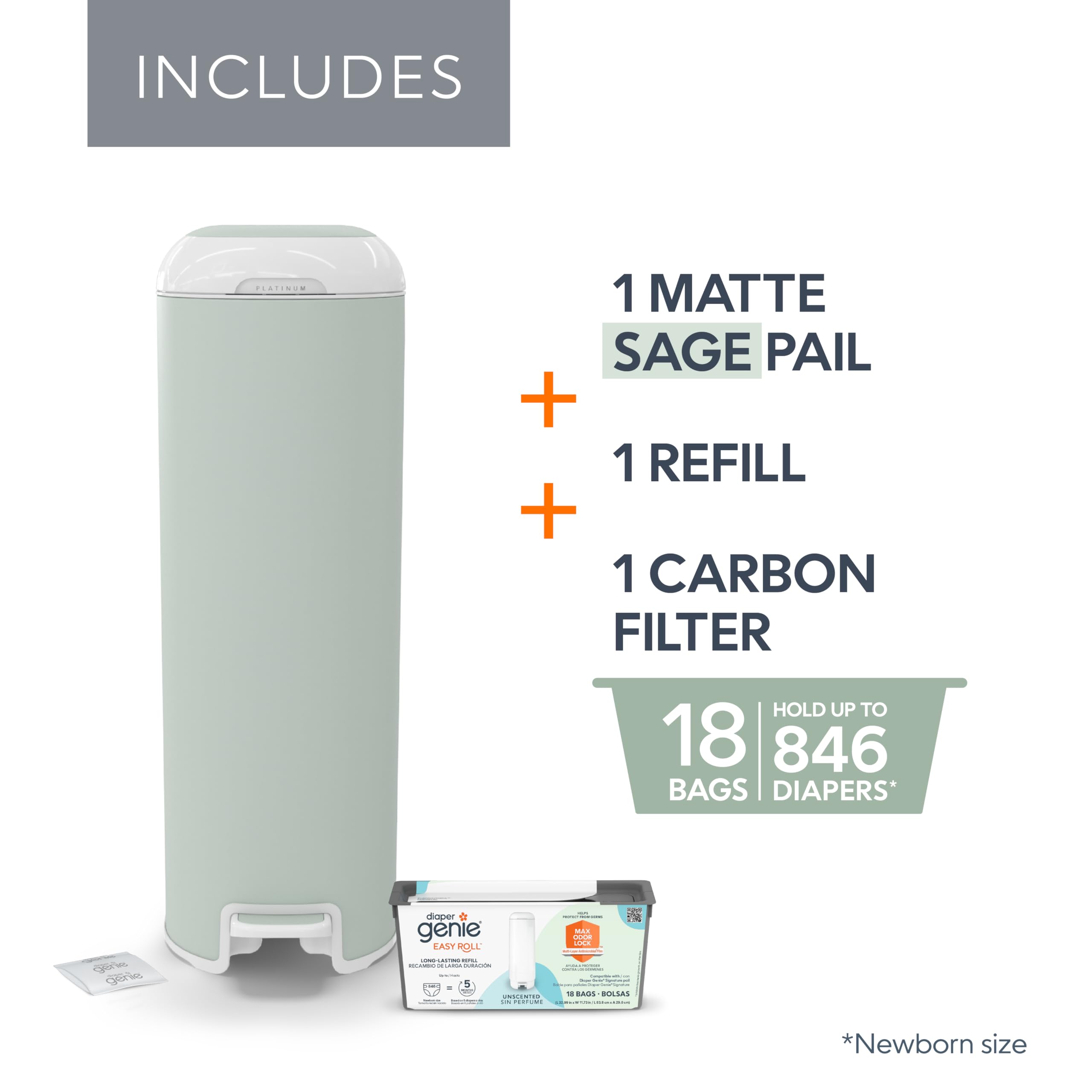 Diaper Genie Platinum Pail (Sage Green) is Made in Durable Stainless Steel and Includes 1 Easy Roll Refill with 18 Bags That can Last up to 5 Months.