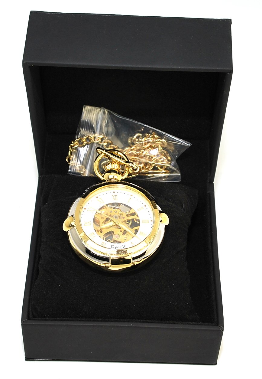 Benz Unique Mechanical Wind Up Skeleton Pocket Watch w/Chain & Stand