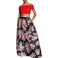 B Darlin Womens Red Sequined Lace Cropped Top Zippered Lined Floral Short Sleeve Off Shoulder Full-Length Formal Gown Dress Juniors 11