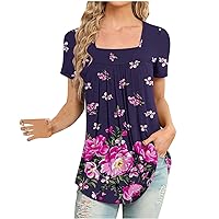 Womens Plus Size Summer Fashion 2023 Shirts Dressy Casual Loose Fit Short Sleeve Tops Sexy Square Neck Tunic Blouses
