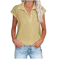 Cap Sleeve Collared V Neck Button Down T Shirts for Women Summer Casual Cotton Linen Tops Blouses Loose Fit Plain Tank Tops