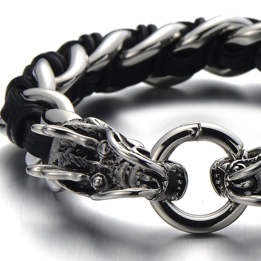 COOLSTEELANDBEYOND Stainless Steel Mens Dragon Curb Chain Bracelet Interwoven with Genuine Leather Strap
