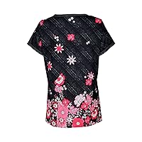 V Neck Shirts for Women Fall Summer Short Sleeve Floral Loose Fit Long Work Scrub Cute Tops Shirt Blouse Women 2024