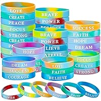 Skylety Motivational Silicone Rubber Bracelets Religious Quote Wristbands Bulk Rainbow Color Pride Bracelets Stretch Wristbands for Teens Kids Party Supplies, 15 Styles