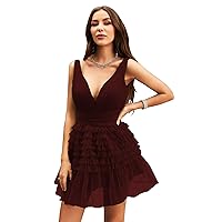 V Neck Ruffle Short Prom Dress A-line Mini Backless Cocktail Dress Summer Tiered Tulle Homecoming Party Dress