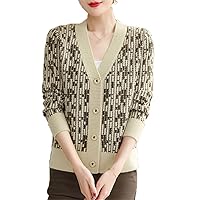 Women Sweater Single-Breasted Long Sleeves Cardiganv-Neck Female Casual Knitted Cardigan Printing Women Khaki XXL