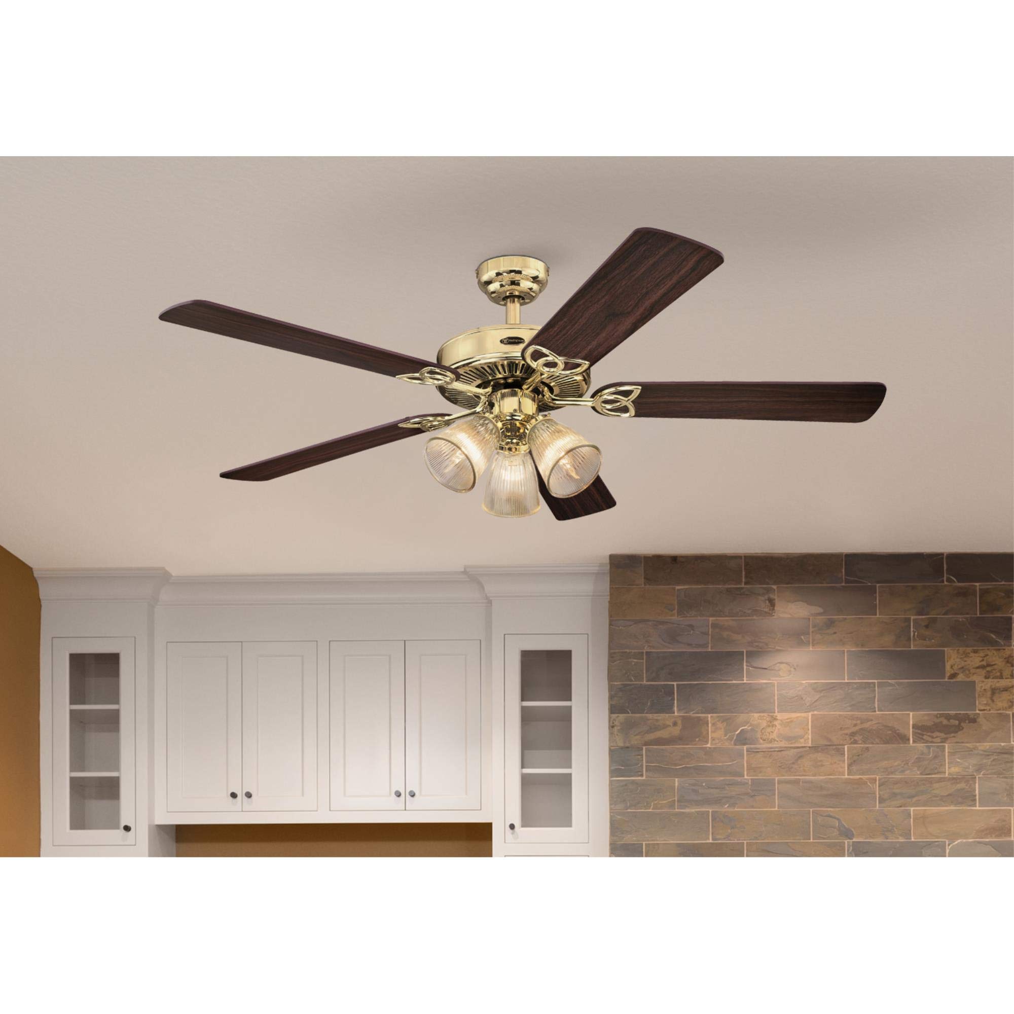 Westinghouse Lighting 7233800 Vintage Indoor Ceiling Fan with Light, 52 Inch, Polished Brass