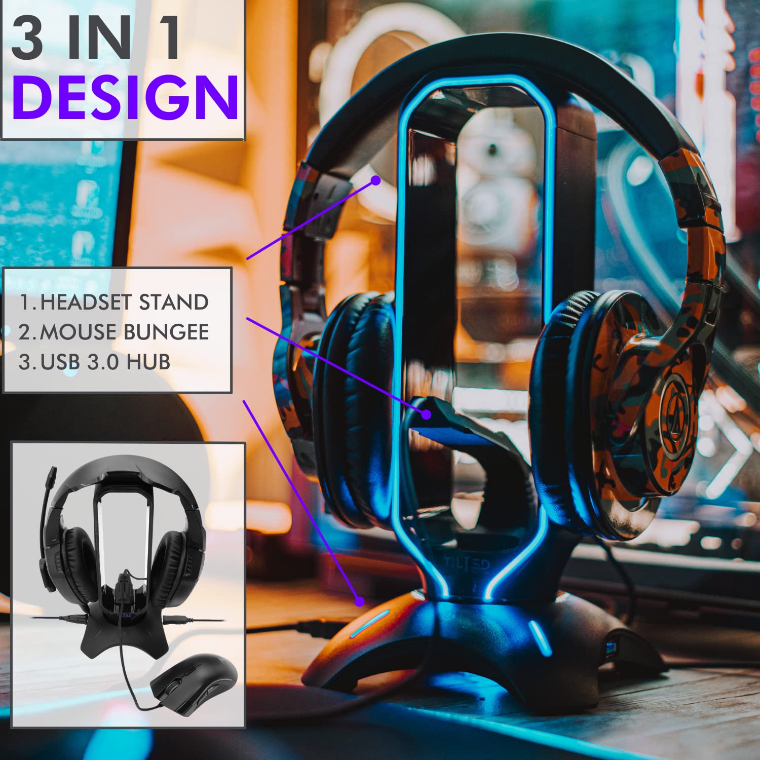 Tilted Nation RGB Headset Stand and Gaming Headphone Stand for Desk Display with Mouse Bungee Cord Holder - Gaming Headset Holder with USB 3.0 Hub for Xbox, PS4, PC - Perfect Gaming Accessories Gift