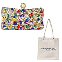 Boutique De FGG Colorful Gold Rhinestone Evening Handbags and White Canvas Shopping Bag Bundle
