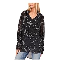 Vince Camuto Womens Black Sheer Floral Long Sleeve V Neck Tunic Top XS