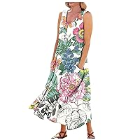 Long Sundress for Women Boho Floral Sleeveless Baggy Shirt Maxi Dress with 2 Pockets Cute Flowy Pleated Linen Dress S-5X