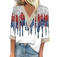 Summer Tops for Women 2024,3/4 Length Sleeve Womens Tops Vintage Casual Print V Neck Lace Trims Shirt Boho Tops for Women
