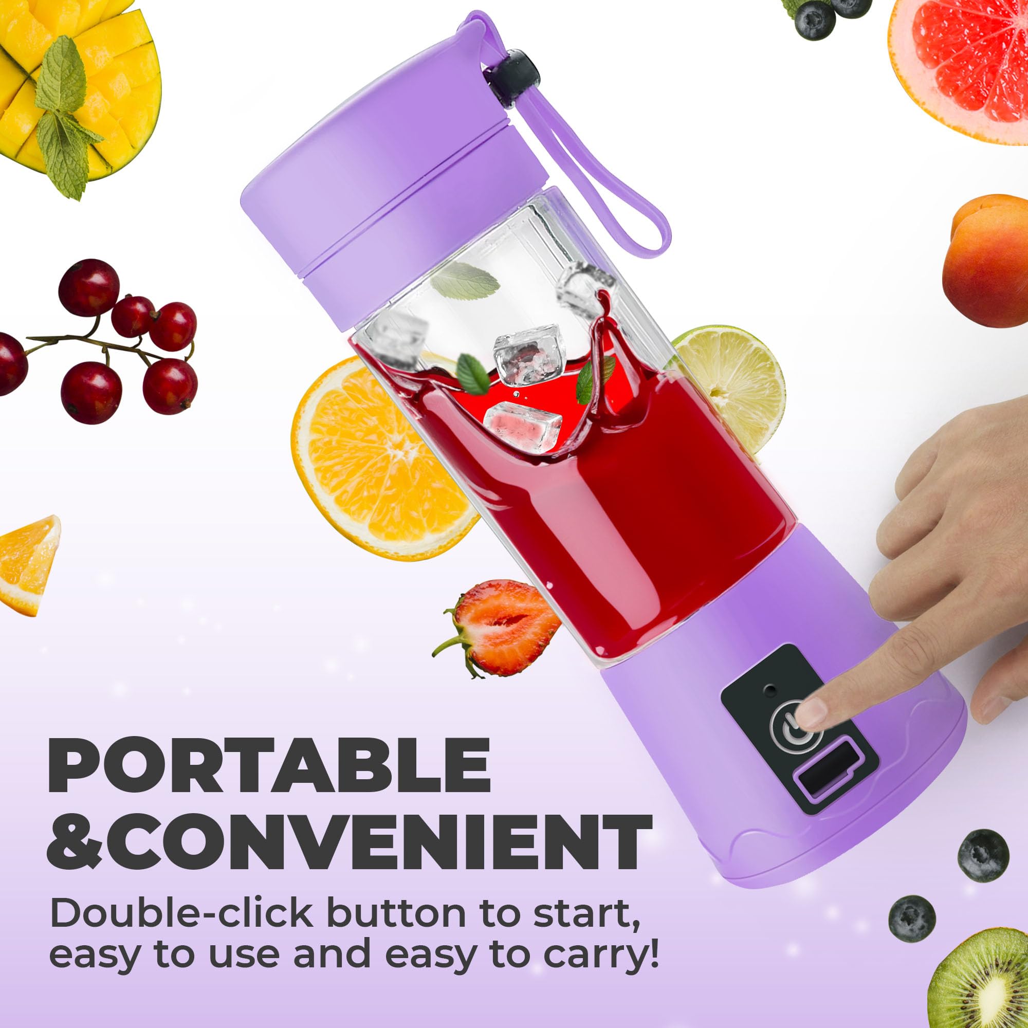 Portable Blender - Compact and USB Rechargeable Personal Travel Blenders for Smoothies, Shakes and Ice - Mini Fruit Juice Mixing Shaker Bottle - 380ml, Purple