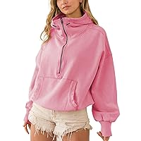 Womens Half Zip Long Sleeve Sweatshirts,Fleece Cropped Hoodies Kangaroo Pocket Oversized Sweatshirt