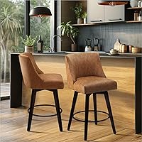 MUUEGM Counter Height Bar Stools Swivel with Back Set of 2, 26In Height Bar Stools with Solid Wood Stand, Fabric Upholstered Counter Height Bar Stool with Thicken Cushion Back, Brown