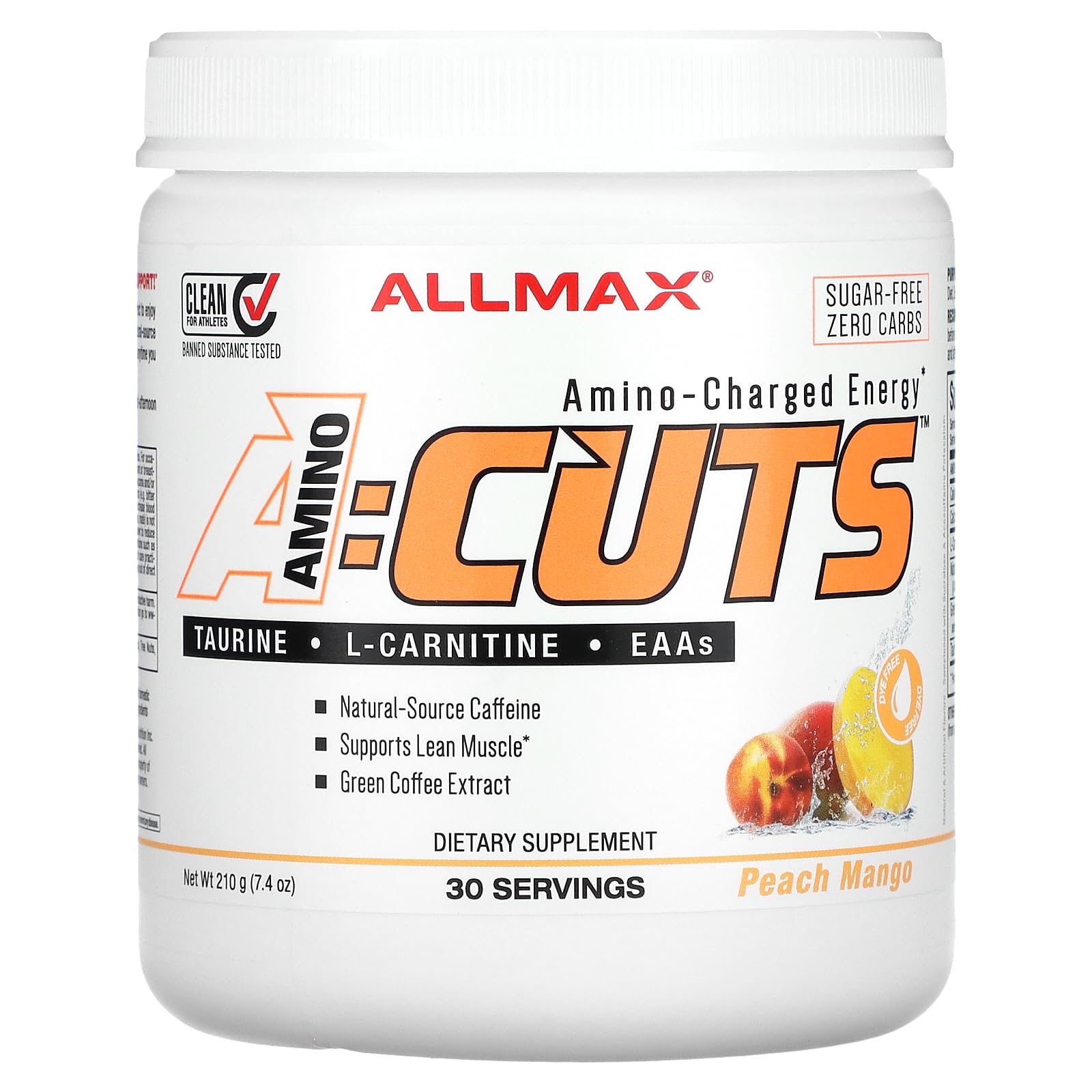 ALLMAX A:CUTS Amino-Charged Energy Drink, Peach Mango - 210 g - with Caffeine, Green Coffee Extract, L-Carnitine & 2000 mg of Taurine - Sugar & Gluten Free - 30 Servings