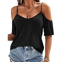Womens Summer Cold Shoulder Tops Low Back Short Sleeve V Neck T Shirts Sexy Casual