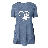 T Shirts for Women Cotton Loose Fit 2021 Irregular Button Short Sleeve Round Neck Printed Women's T-Shirt Plus