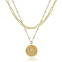 Layered Birth Flower Coin Necklace for Women 18K Gold Plated Double Layered Engraved Custom Floral Pendant Necklaces Dainty Birth Month Flower Disc Coin Necklace Personalized Jewelry Gift for Her