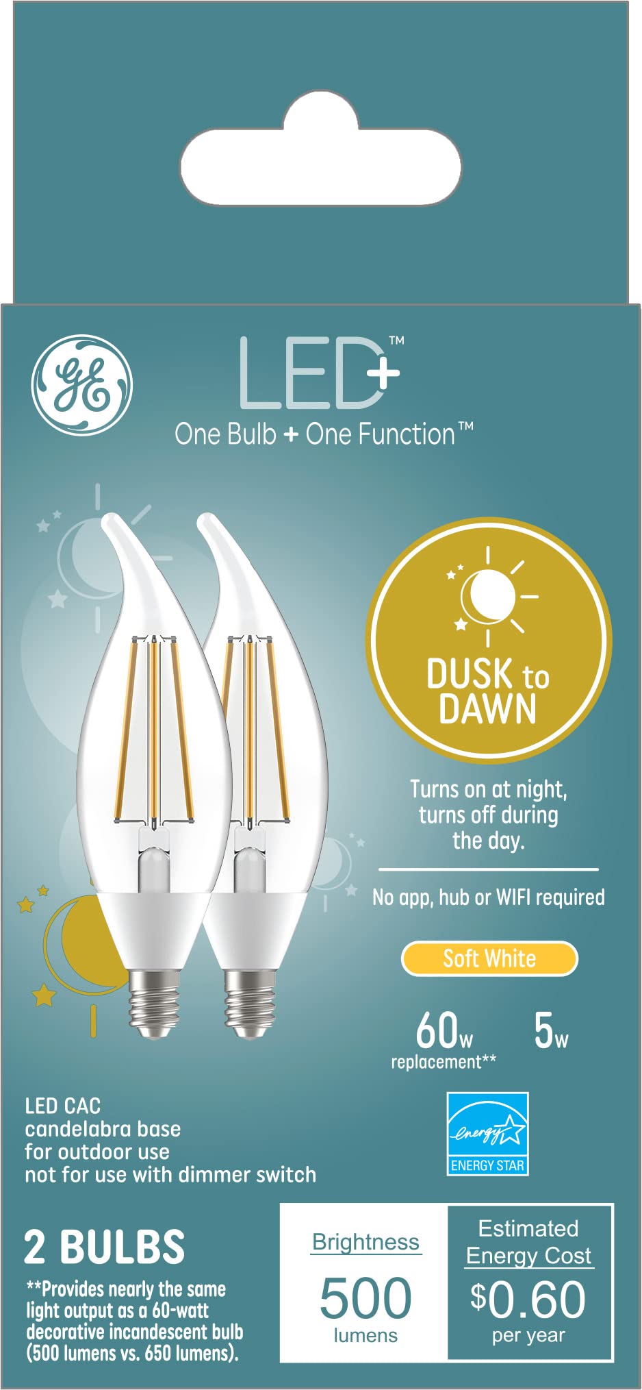 GE Lighting LED+ Dusk to Dawn LED Light Bulbs with Sunlight Sensors, Automatic On/Off Light Sensing Bulbs, Outdoor Decorative Bulbs, Soft White, Small Base(Pack of 2)