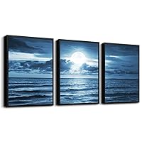 hyidecorart Black Framed Wall Art For Living Room Wall Decor For Bedroom Blue Sea View Ocean Landscape Wall Paintings Modern Home Decor Room Stretched And Framed Ready To Hang Wall Pictures 3 Piece