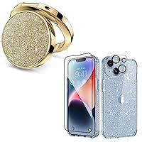 MIODIK Bundle - for iPhone 14 Case Clear Glitter (Blue) + Phone Ring Holder (Gold), with Screen Protector & Camera Lens Protector, Protective Shockproof for Women